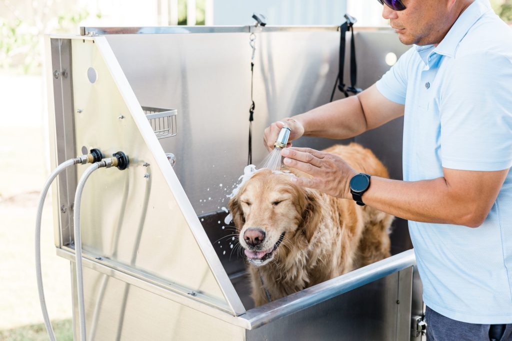 Guest using dog wash station at Redbud Ranch RV Resort near Austin, Texas